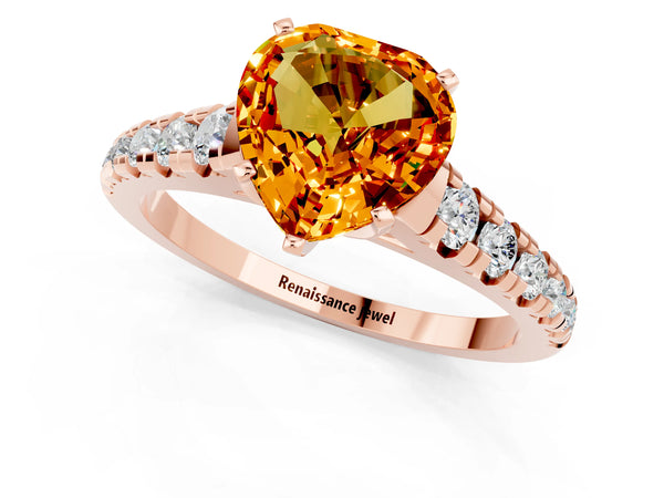 Rose gold Heart Cut Citrine Cathedral Solitaire Ring with Round  Pavé Band
