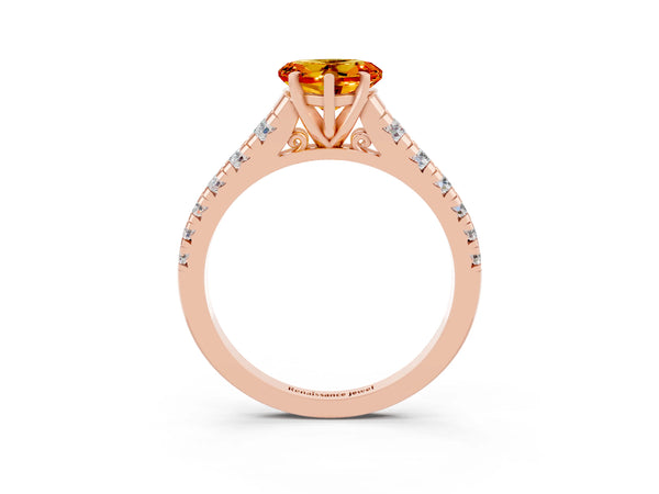 Rose gold Heart Cut Citrine Cathedral Solitaire Ring with Round  Pavé Band