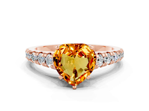Rose gold Heart Cut Citrine Solitaire Ring with Cathedral Setting and Pavé Band