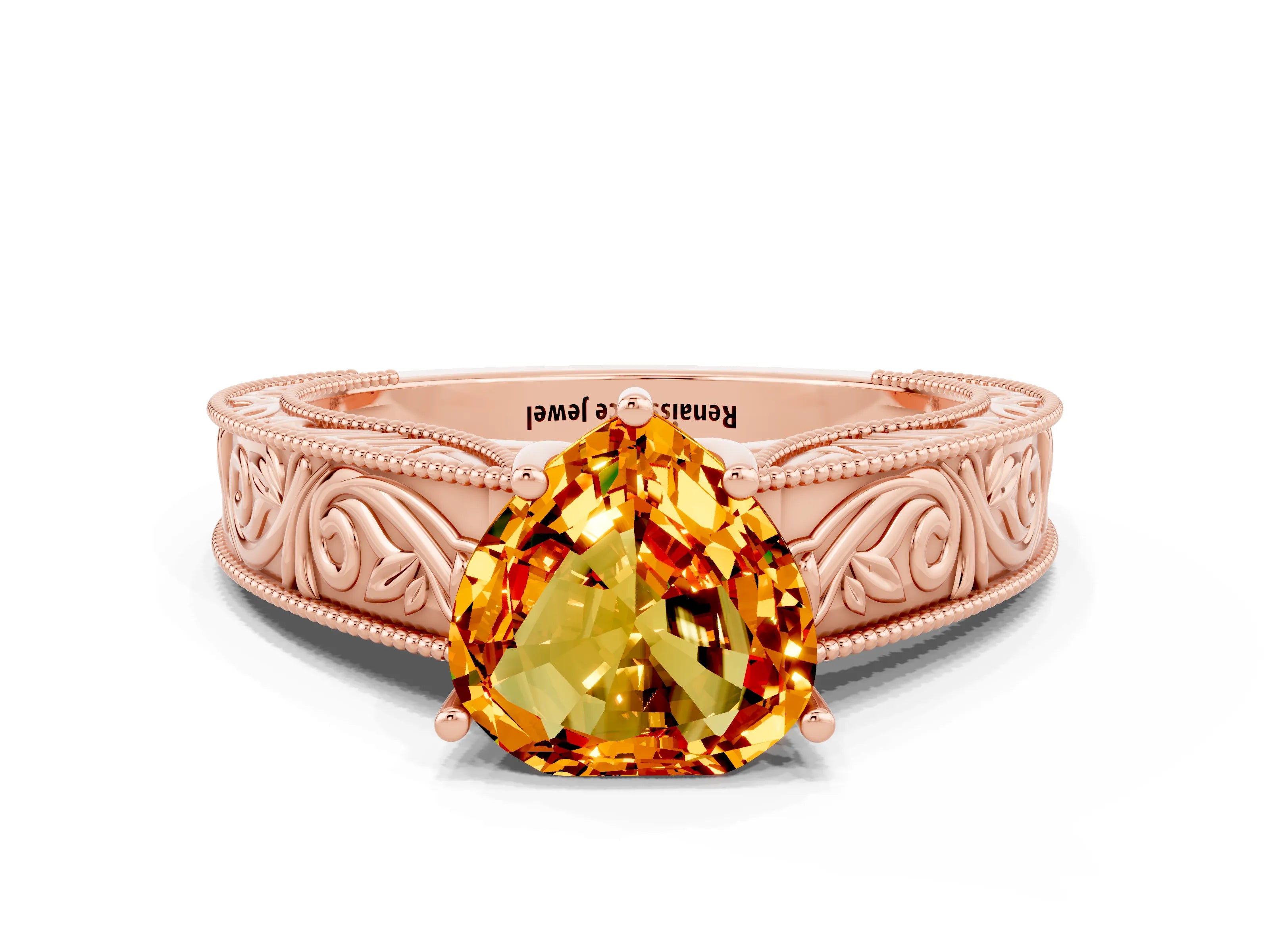 Rose gold Heart Cut Citrine Solitaire Ring with Engraved Band and Four-Prong Setting