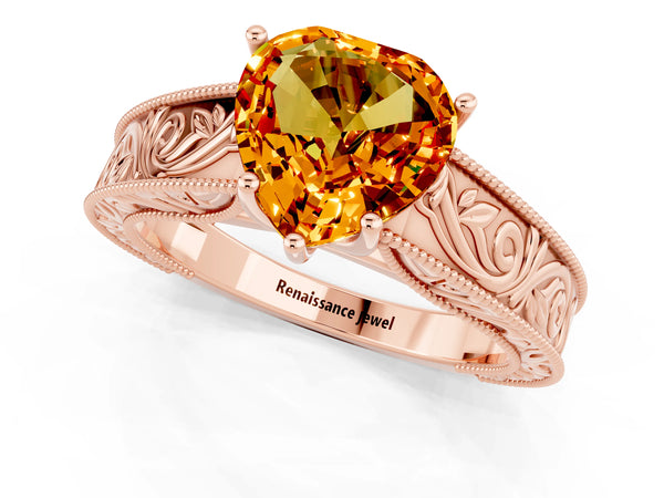 Rose gold Heart Cut Citrine Solitaire Ring with Engraved Band and Four-Prong Setting