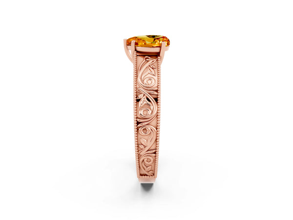 Rose gold Heart Cut Citrine Solitaire Ring with Engraved Band and Four-Prong Setting