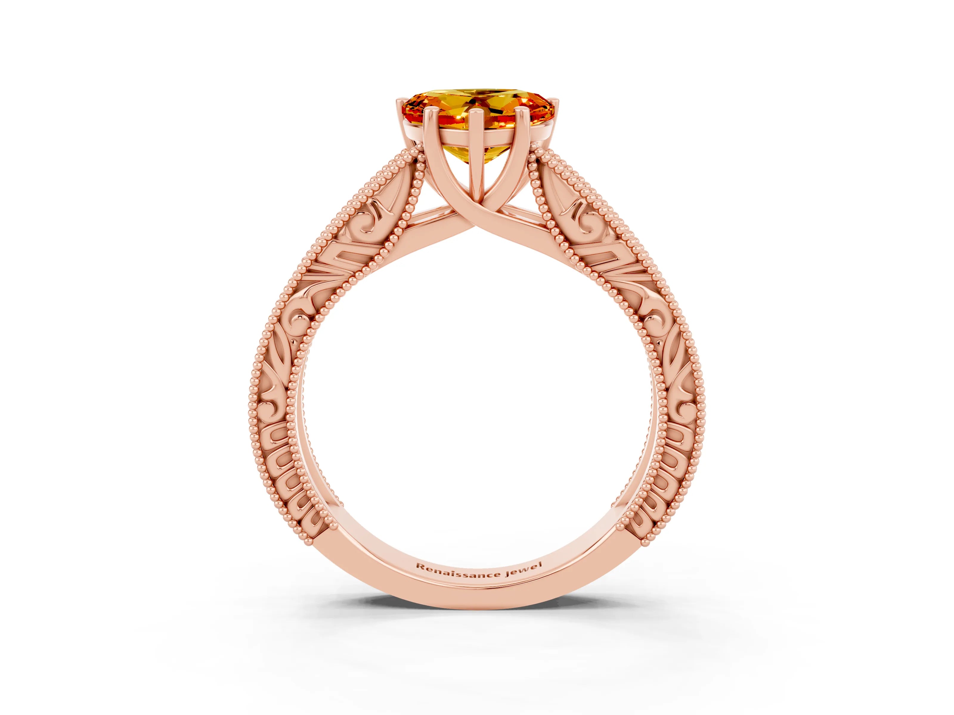 Rose gold Heart Cut Citrine Solitaire Ring with Engraved Band and Four-Prong Setting_3