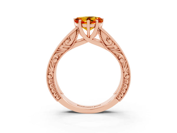 Rose gold Heart Cut Citrine Solitaire Ring with Engraved Band and Four-Prong Setting