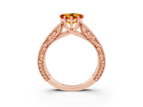 Rose gold Heart Cut Citrine Solitaire Ring with Engraved Band and Four-Prong Setting_3