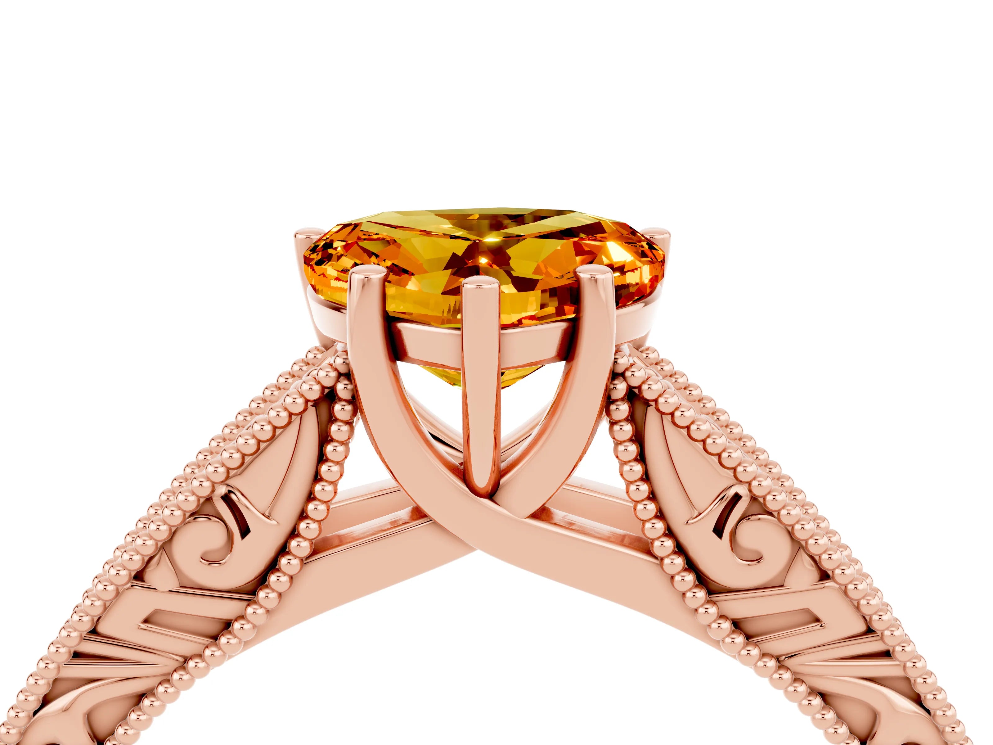 Rose gold Heart Cut Citrine Solitaire Ring with Engraved Band and Four-Prong Setting_4