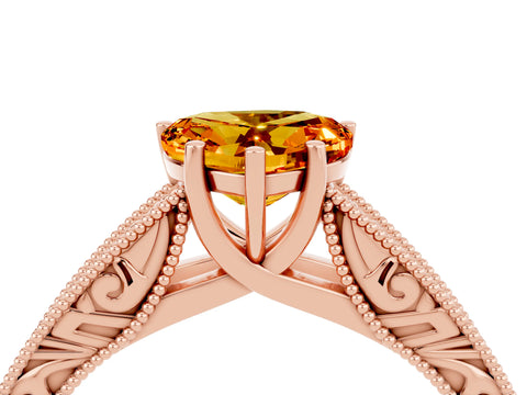 Rose gold Heart Cut Citrine Solitaire Ring with Engraved Band and Four-Prong Setting_4