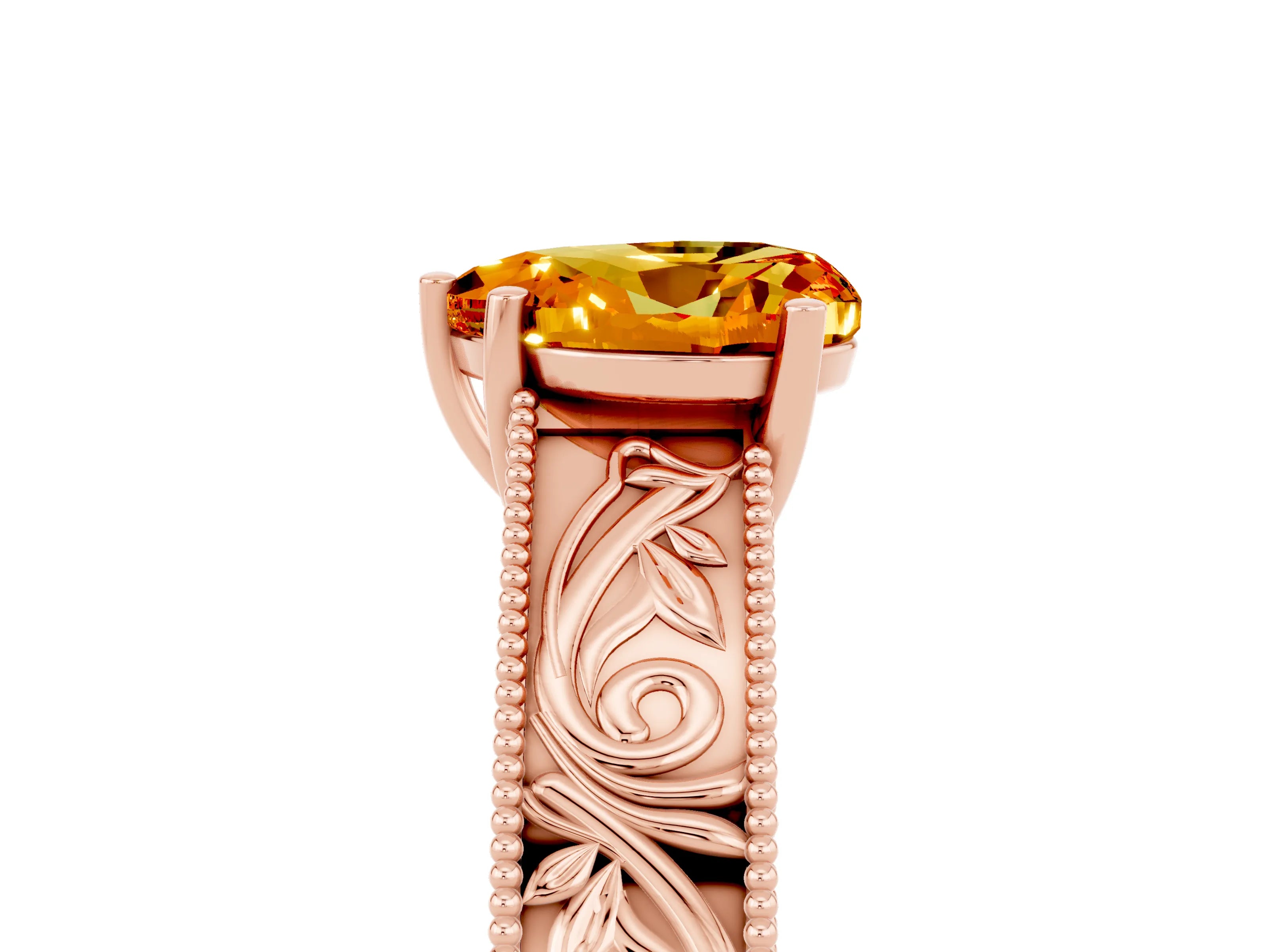 Rose gold Heart Cut Citrine Solitaire Ring with Engraved Band and Four-Prong Setting_5