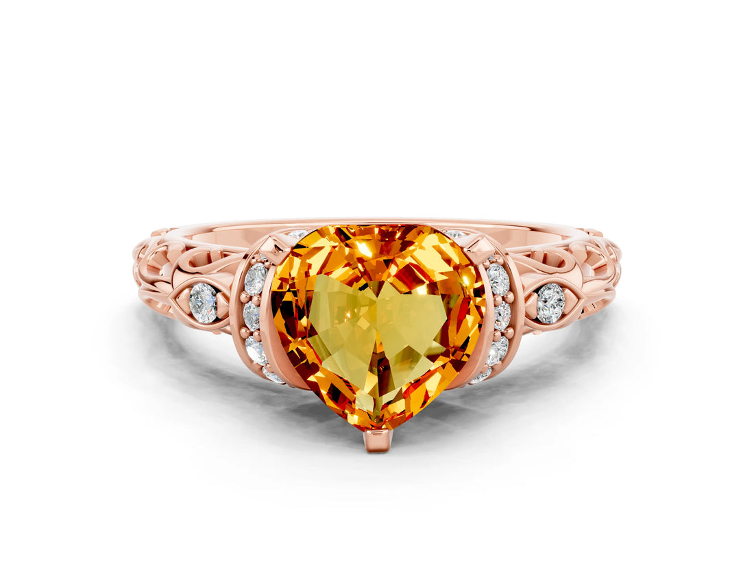 Rose gold Heart Cut Citrine Solitaire Ring with Filigree Band and Four-Prong Setting_24