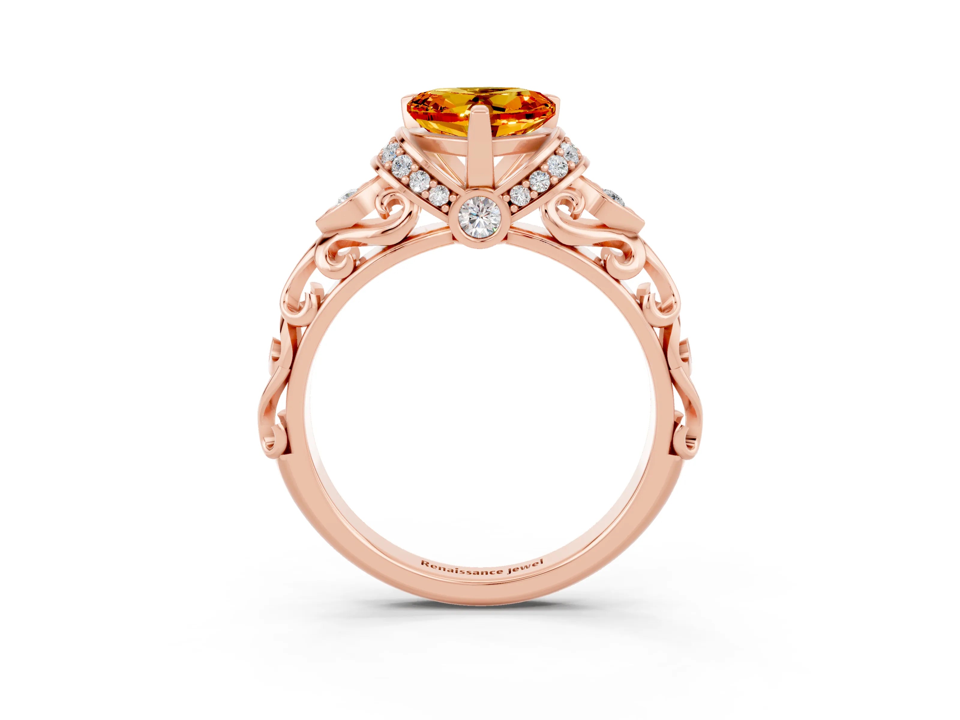 Rose gold Heart Cut Citrine Solitaire Ring with Filigree Band and Four-Prong Setting_27