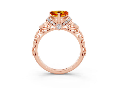Rose gold Heart Cut Citrine Solitaire Ring with Filigree Band and Four-Prong Setting_27