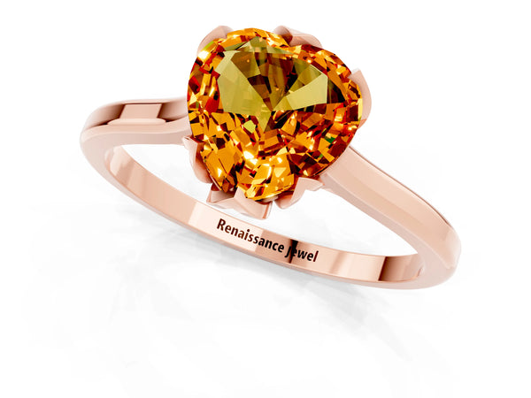 Rose gold Heart Cut Citrine Solitaire Ring with Flower Prong Setting and Classic Band
