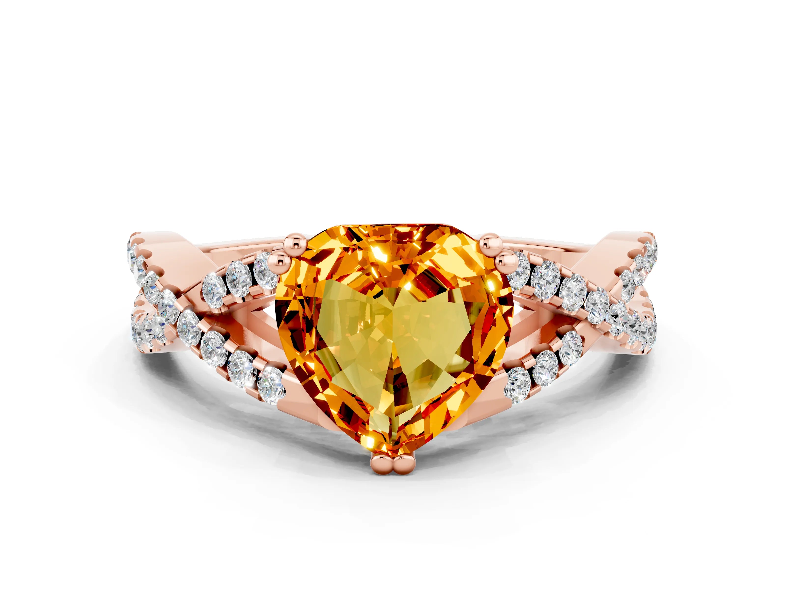 Rose gold Heart Cut Citrine Solitaire Ring with Four-Prong Setting and Twisted Pavé Band