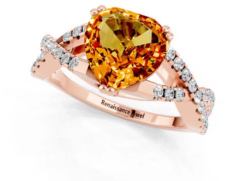 Rose gold Heart Cut Citrine Solitaire Ring with Four-Prong Setting and Twisted Pavé Band_1