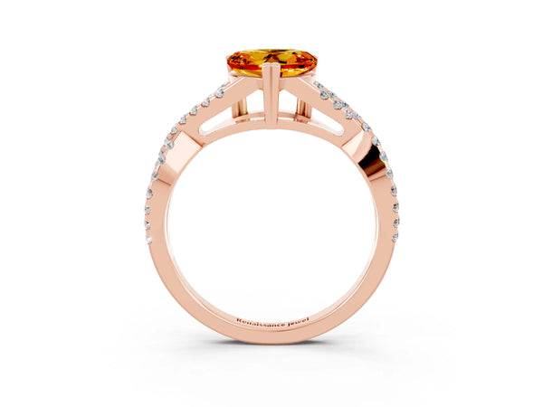 Rose gold Heart Cut Citrine Solitaire Ring with Four-Prong Setting and Twisted Pavé Band