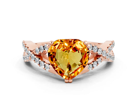 Rose gold Heart Cut Citrine Solitaire Ring with Four-Prong Setting and Twisted Pavé Band