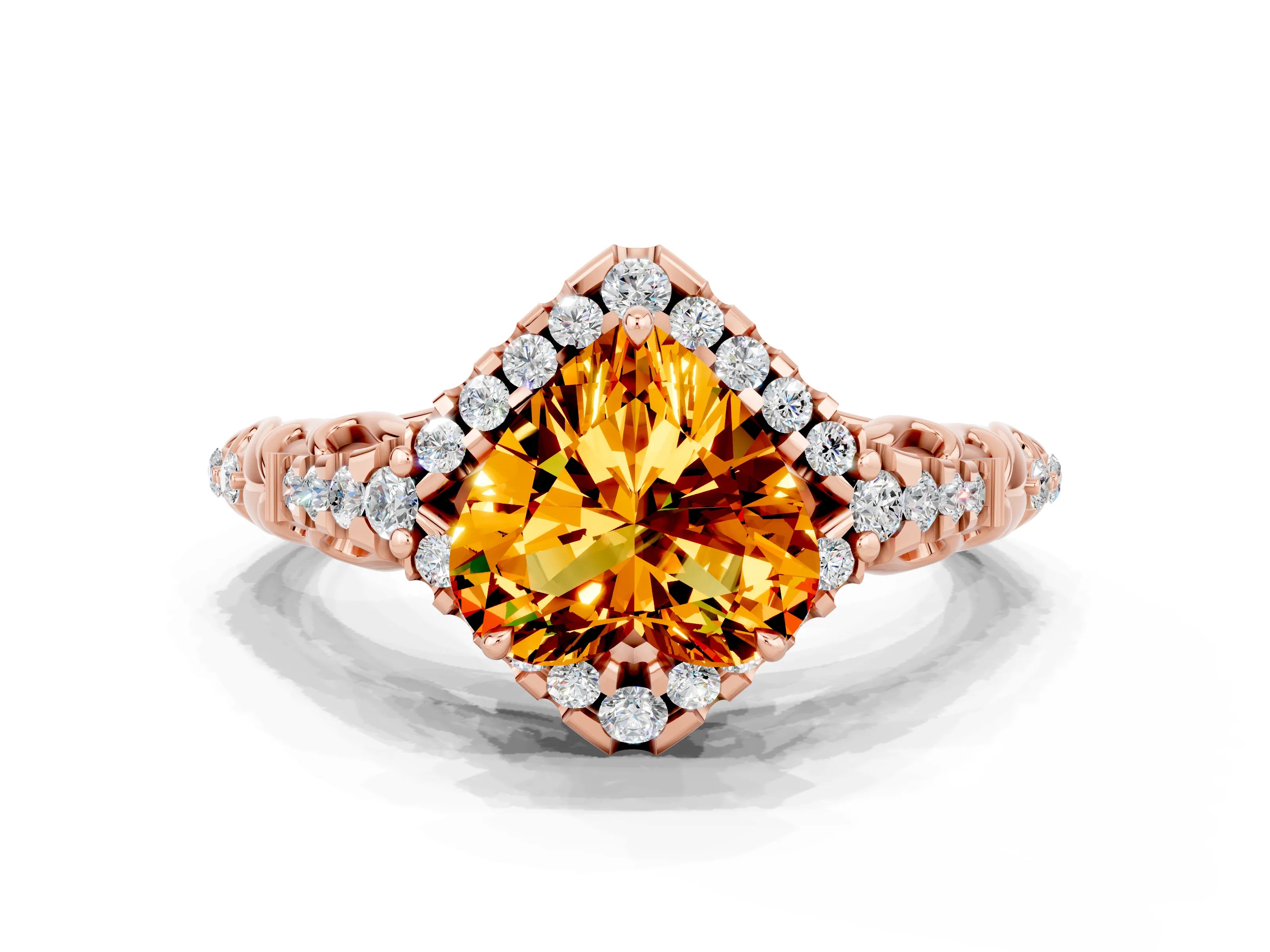 Rose gold Heart Cut Citrine Solitaire Ring with Hidden Halo and Pavé Band_12