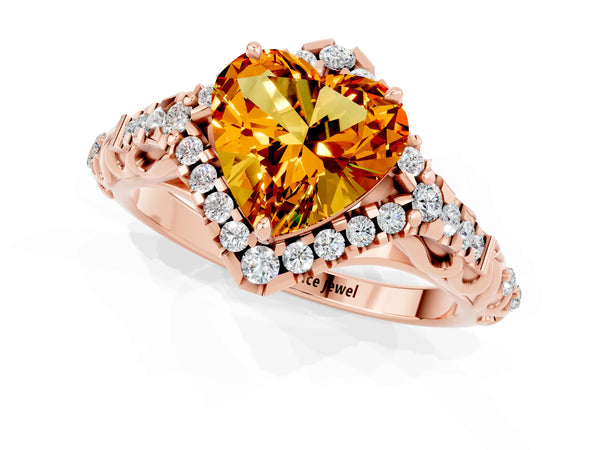 Rose gold Heart Cut Citrine Solitaire Ring with Hidden Halo and Pavé Band