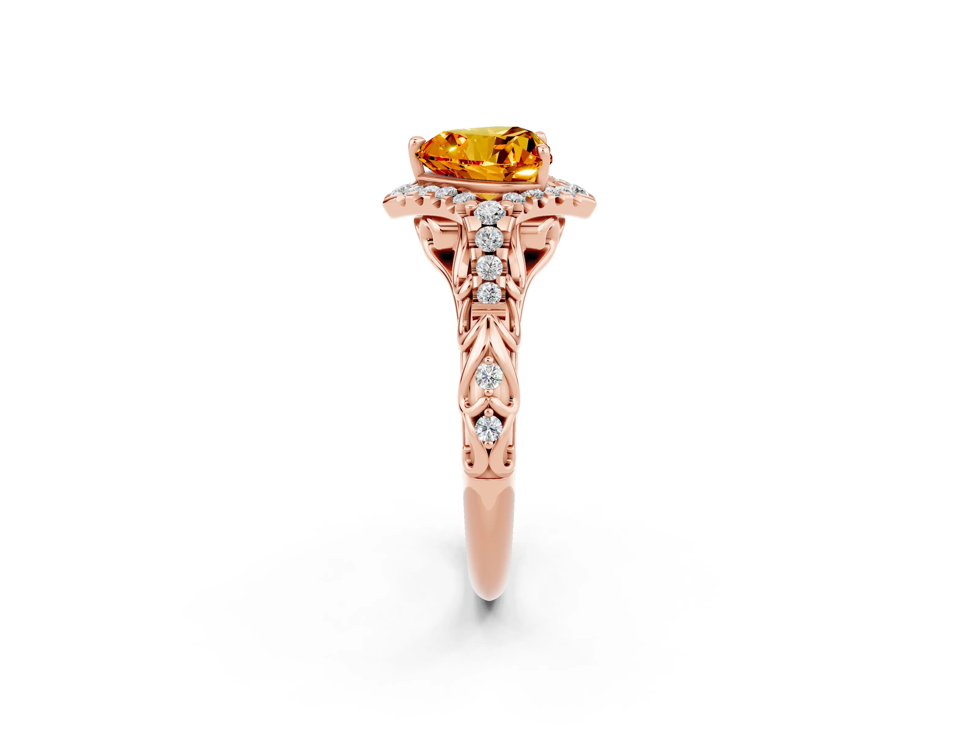 Rose gold Heart Cut Citrine Solitaire Ring with Hidden Halo and Pavé Band_14