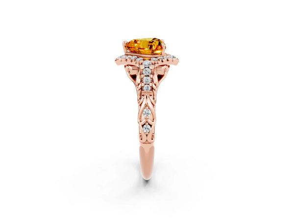 Rose gold Heart Cut Citrine Solitaire Ring with Hidden Halo and Pavé Band