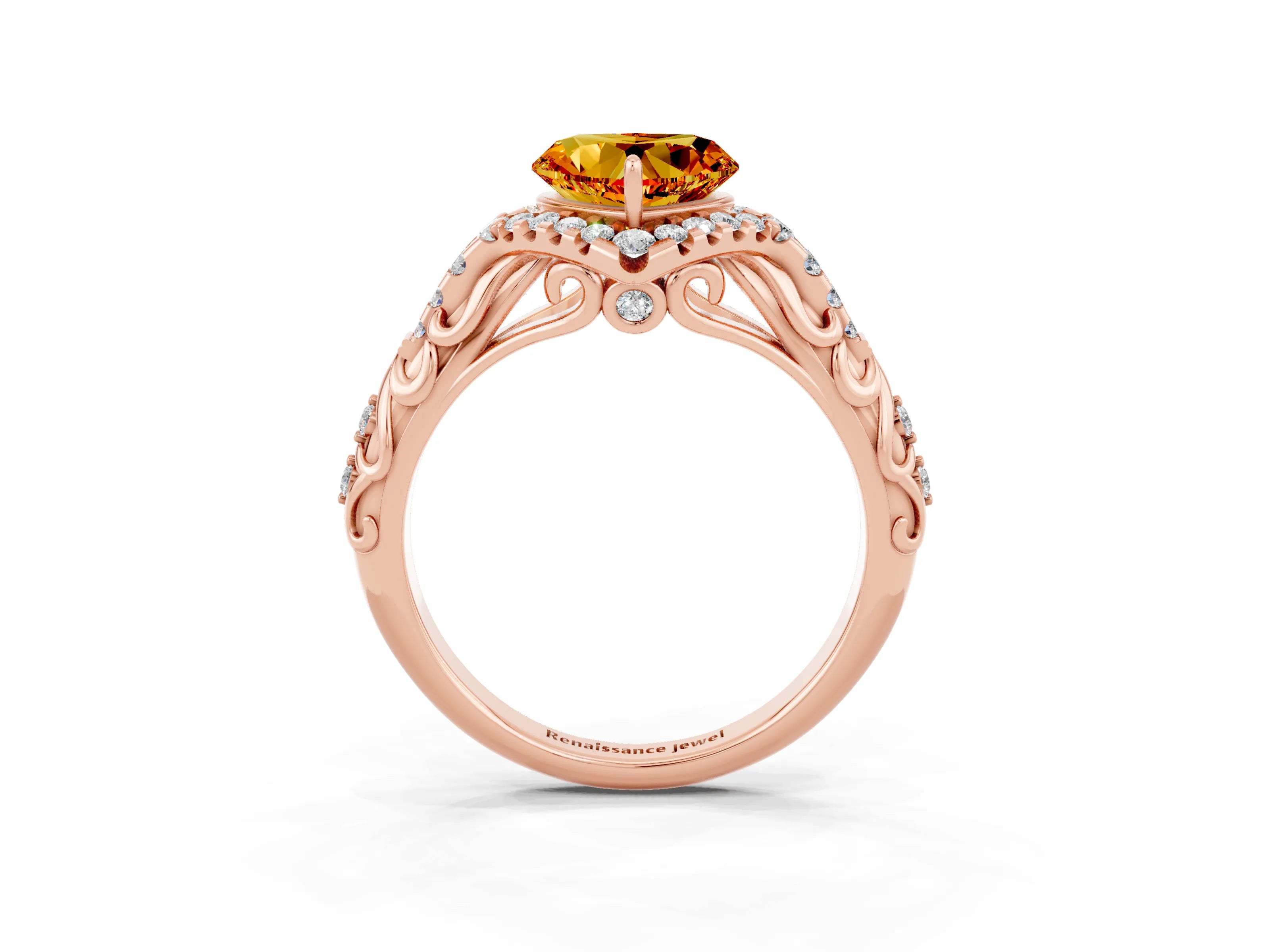 Rose gold Heart Cut Citrine Solitaire Ring with Hidden Halo and Pavé Band_15