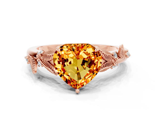Rose gold Heart Cut Citrine Solitaire Ring with Leaf Motif Band and Four-Prong Setting
