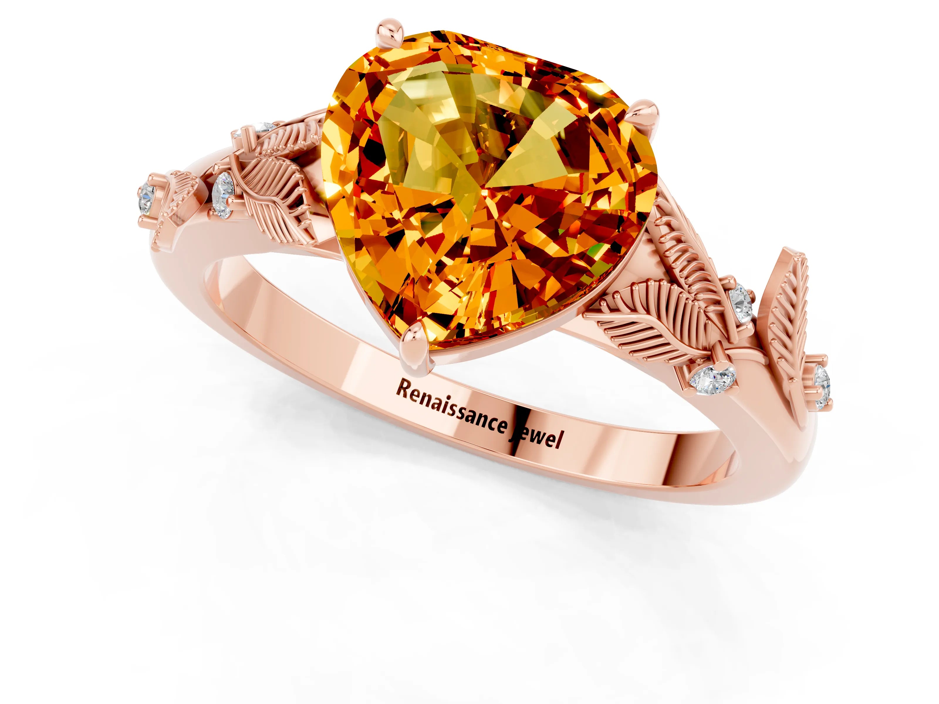 Rose gold Heart Cut Citrine Solitaire Ring with Leaf Motif Band and Four-Prong Setting_1
