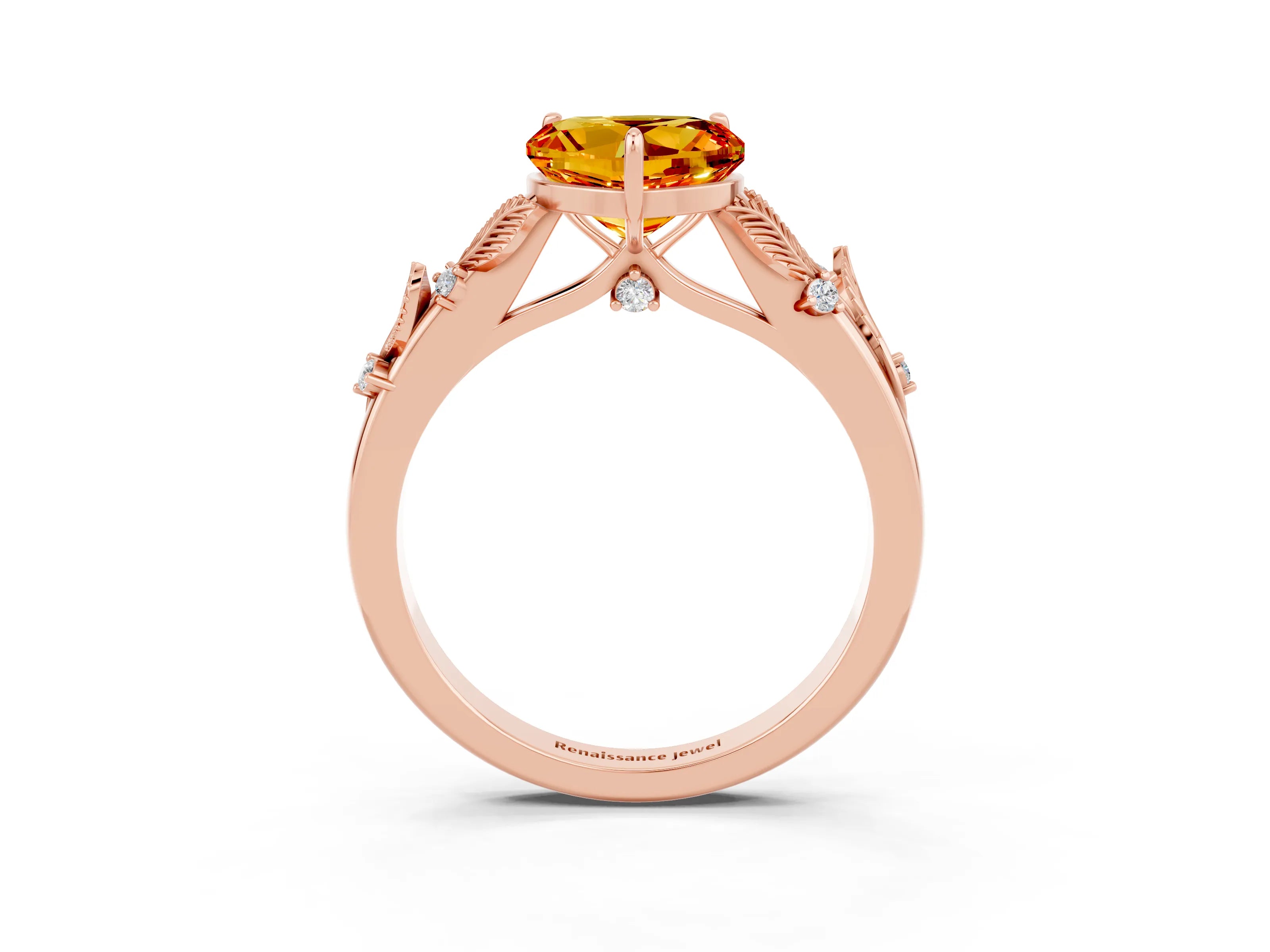 Rose gold Heart Cut Citrine Solitaire Ring with Leaf Motif Band and Four-Prong Setting_3