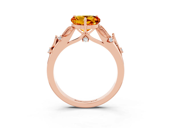 Rose gold Heart Cut Citrine Solitaire Ring with Leaf Motif Band and Four-Prong Setting