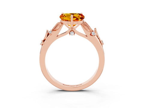 Rose gold Heart Cut Citrine Solitaire Ring with Leaf Motif Band and Four-Prong Setting_3