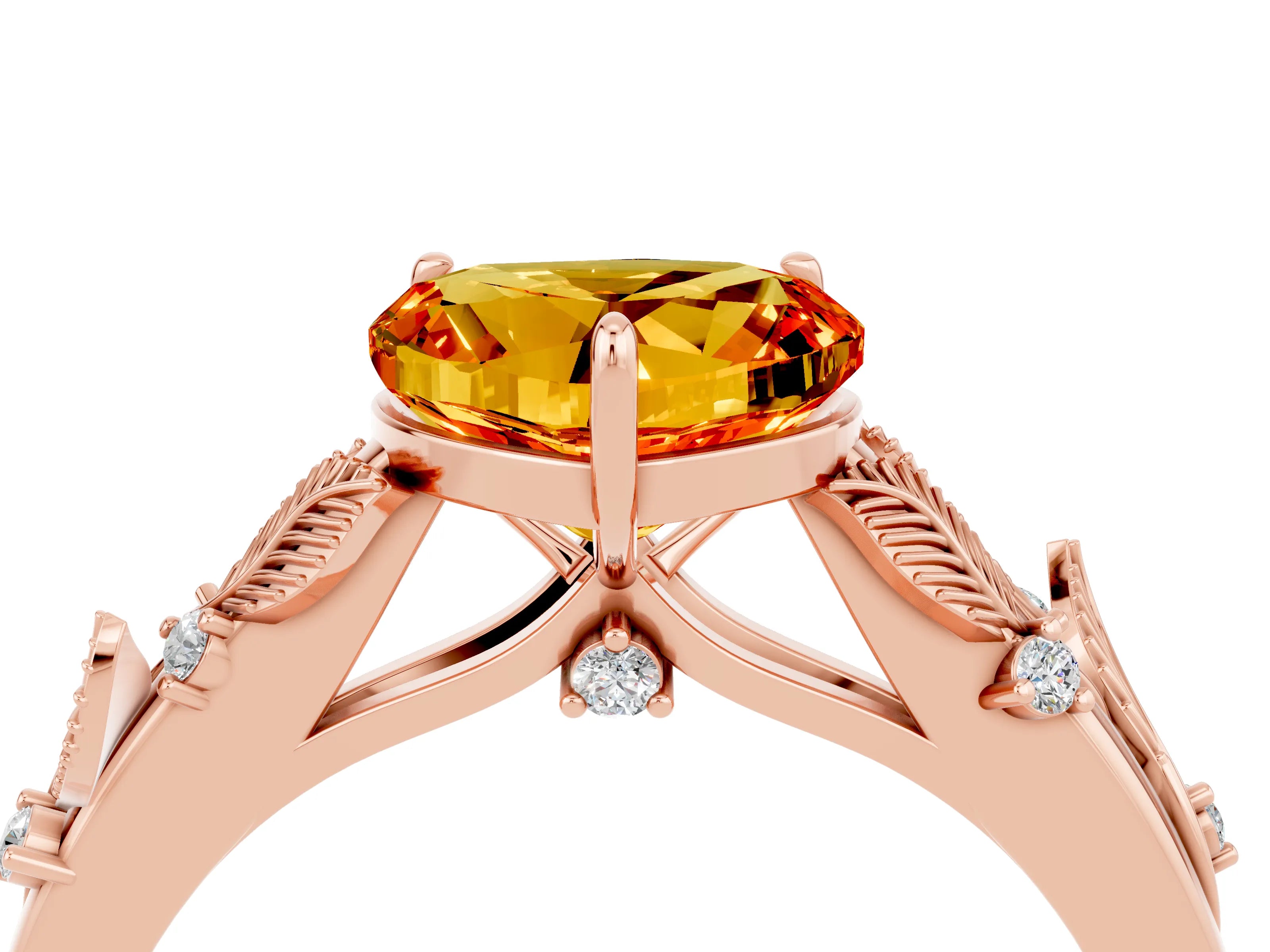 Rose gold Heart Cut Citrine Solitaire Ring with Leaf Motif Band and Four-Prong Setting_4