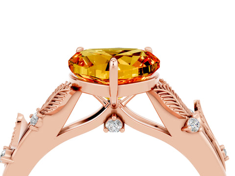 Rose gold Heart Cut Citrine Solitaire Ring with Leaf Motif Band and Four-Prong Setting_4