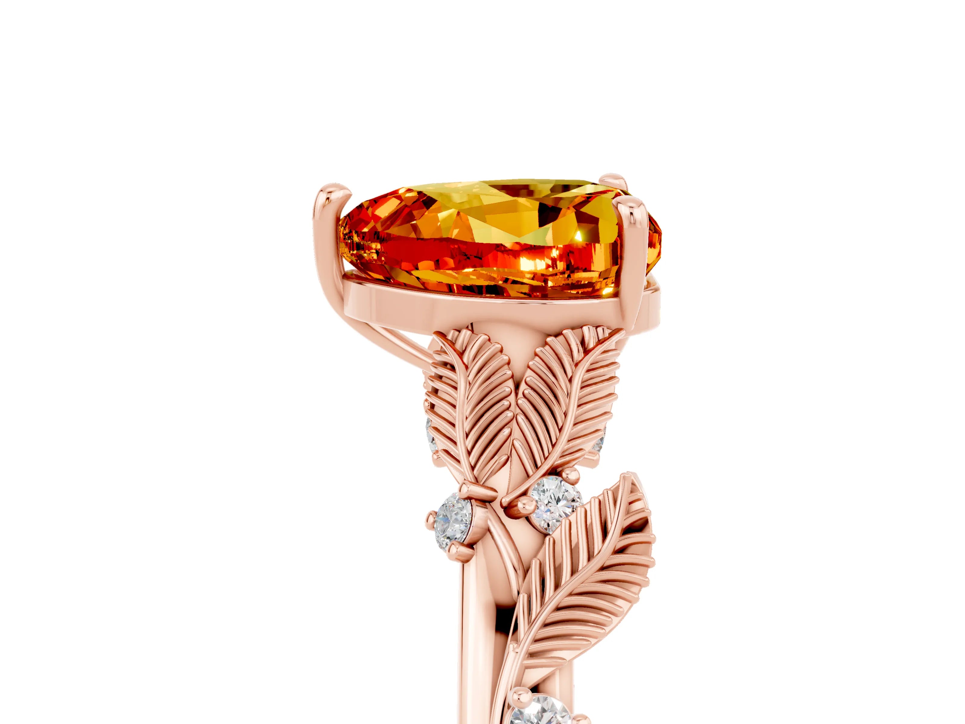 Rose gold Heart Cut Citrine Solitaire Ring with Leaf Motif Band and Four-Prong Setting_5