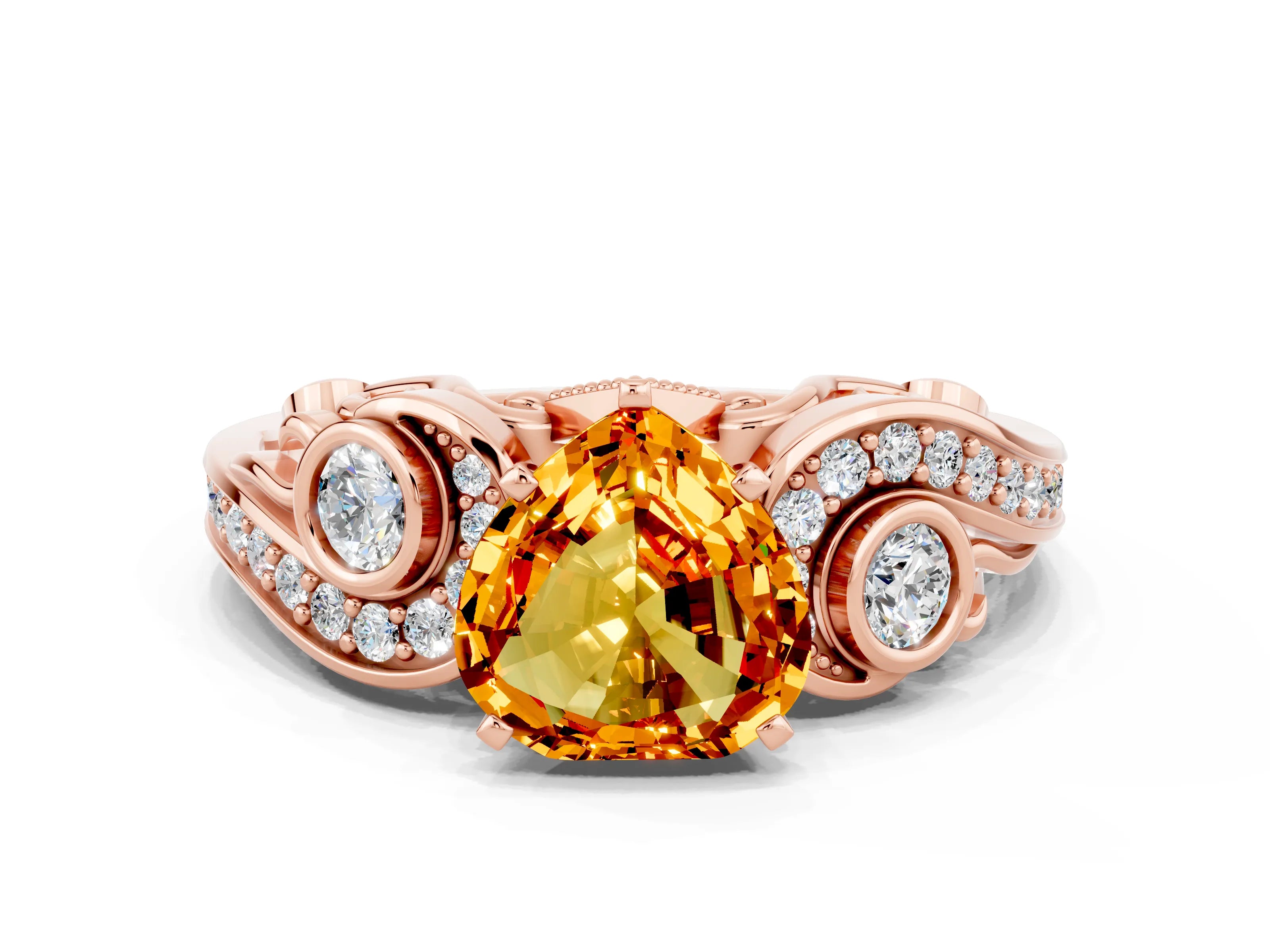 Rose gold Heart Cut Citrine Solitaire Ring with Milgrain Pavé Band and Four-Prong Setting_24