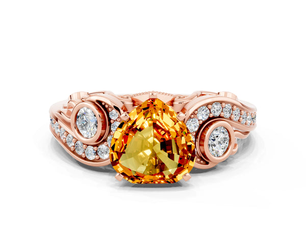 Rose gold Heart Cut Citrine Solitaire Ring with Milgrain Pavé Band and Four-Prong Setting