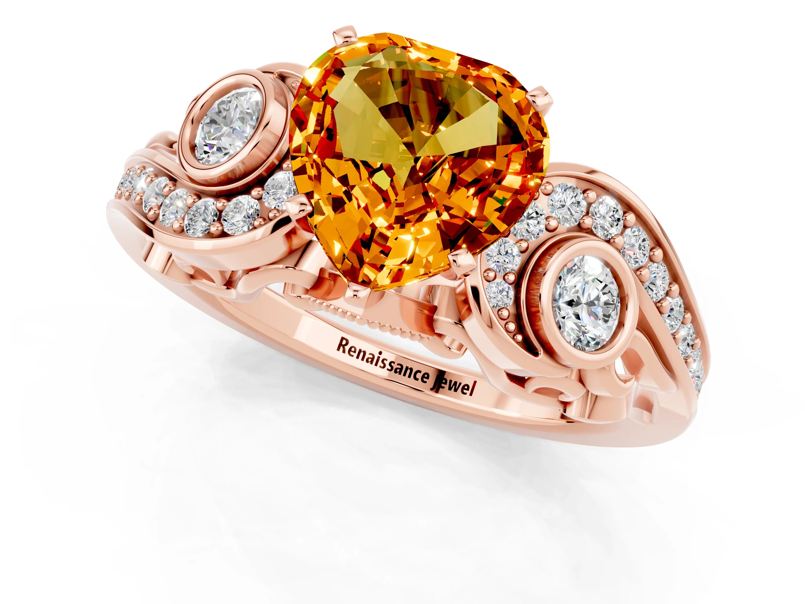 Rose gold Heart Cut Citrine Solitaire Ring with Milgrain Pavé Band and Four-Prong Setting_25