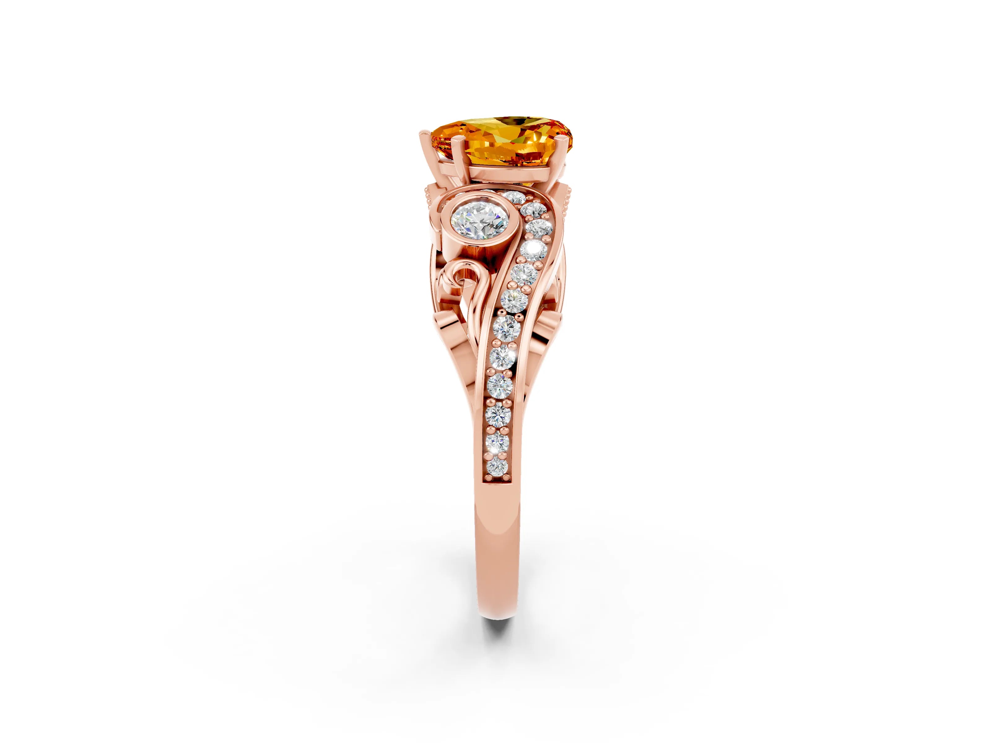 Rose gold Heart Cut Citrine Solitaire Ring with Milgrain Pavé Band and Four-Prong Setting_26