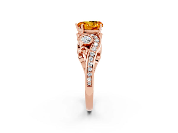 Rose gold Heart Cut Citrine Solitaire Ring with Milgrain Pavé Band and Four-Prong Setting