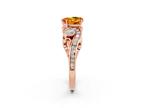 Rose gold Heart Cut Citrine Solitaire Ring with Milgrain Pavé Band and Four-Prong Setting_26
