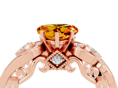 Rose gold Heart Cut Citrine Solitaire Ring with Milgrain Pavé Band and Four-Prong Setting_28