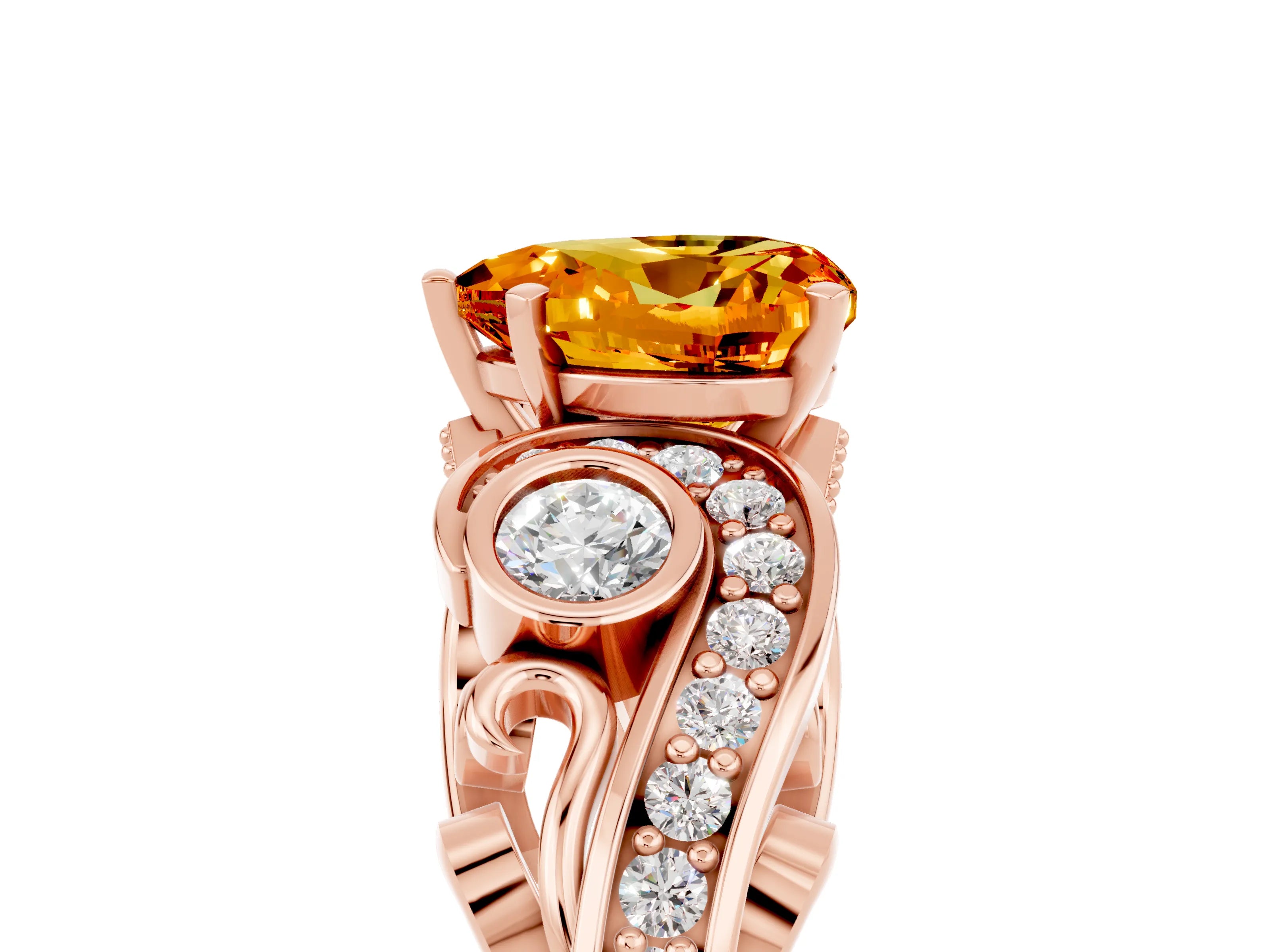 Rose gold Heart Cut Citrine Solitaire Ring with Milgrain Pavé Band and Four-Prong Setting_29