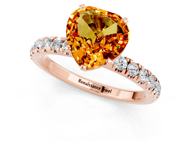 Rose gold Heart Cut Citrine Solitaire Ring with Pavé Accents and Four-Prong Setting