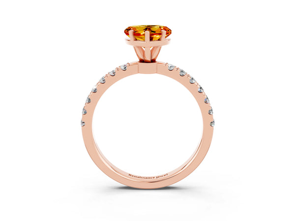 Rose gold Heart Cut Citrine Solitaire Ring with Pavé Accents and Four-Prong Setting