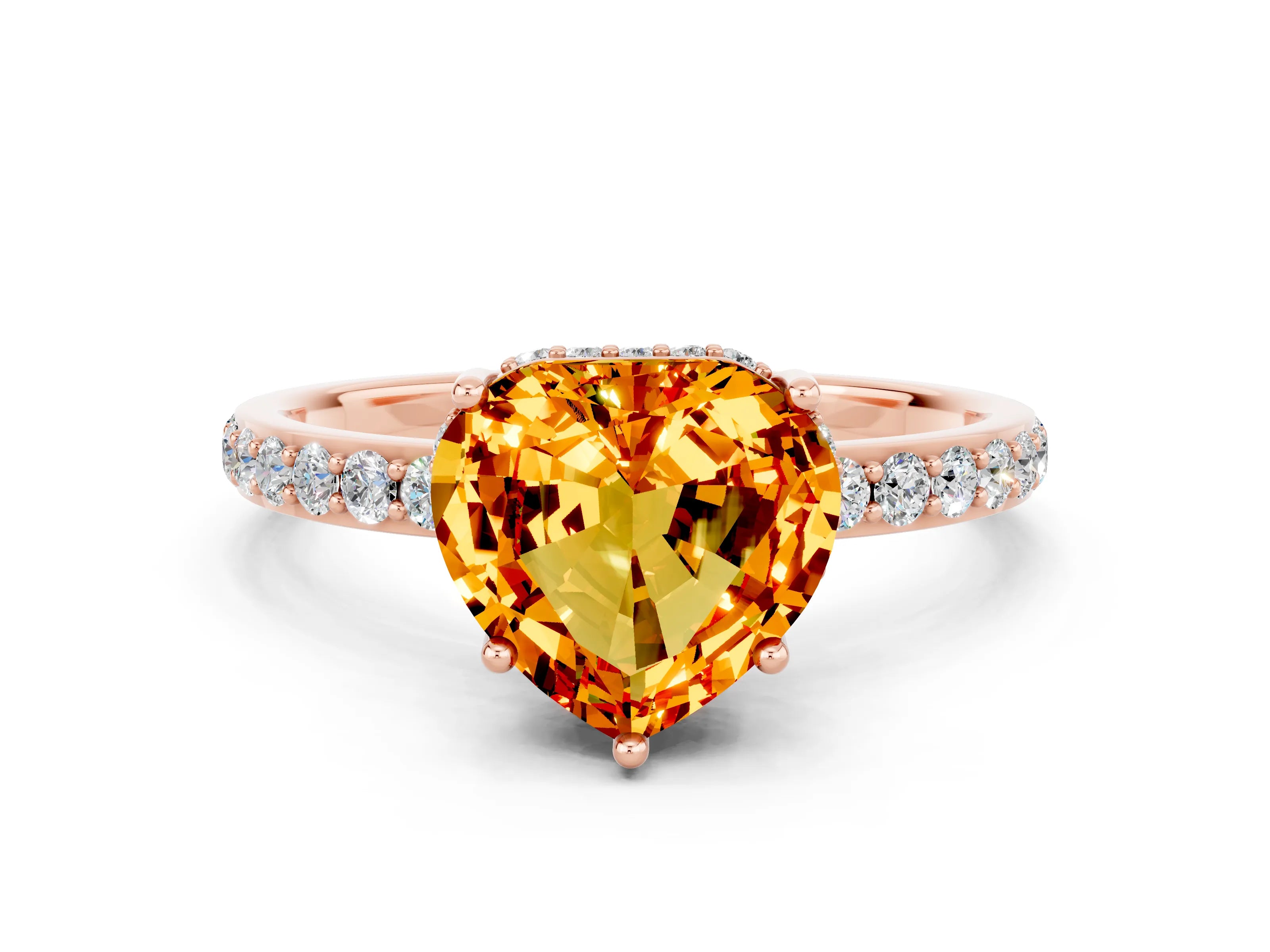 Rose gold Heart Cut Citrine Solitaire Ring with Pavé Band and Hidden Halo_12