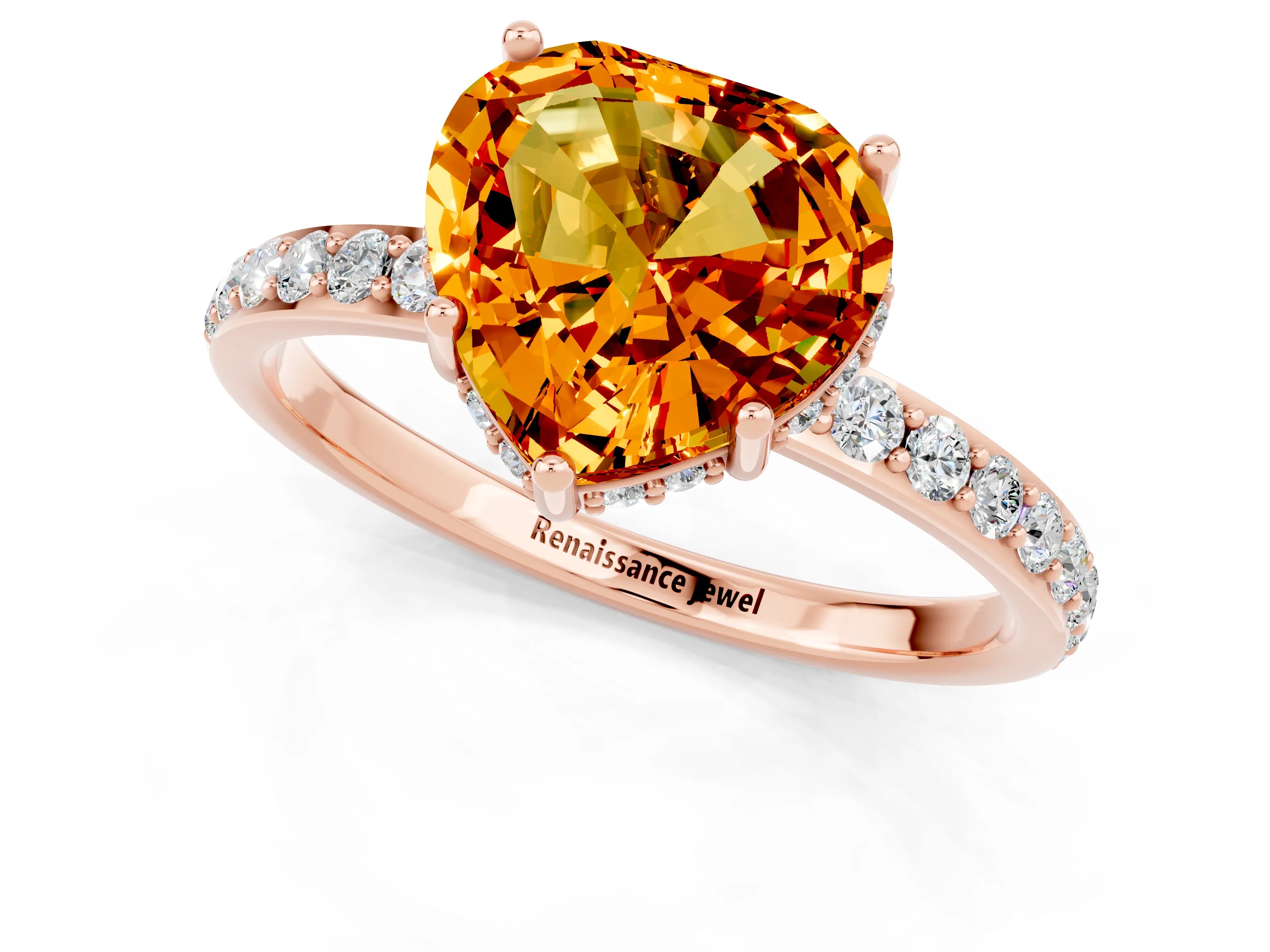 Rose gold Heart Cut Citrine Solitaire Ring with Pavé Band and Hidden Halo_13