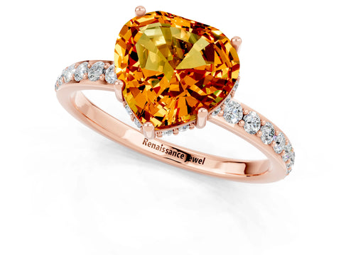 Rose gold Heart Cut Citrine Solitaire Ring with Pavé Band and Hidden Halo_13
