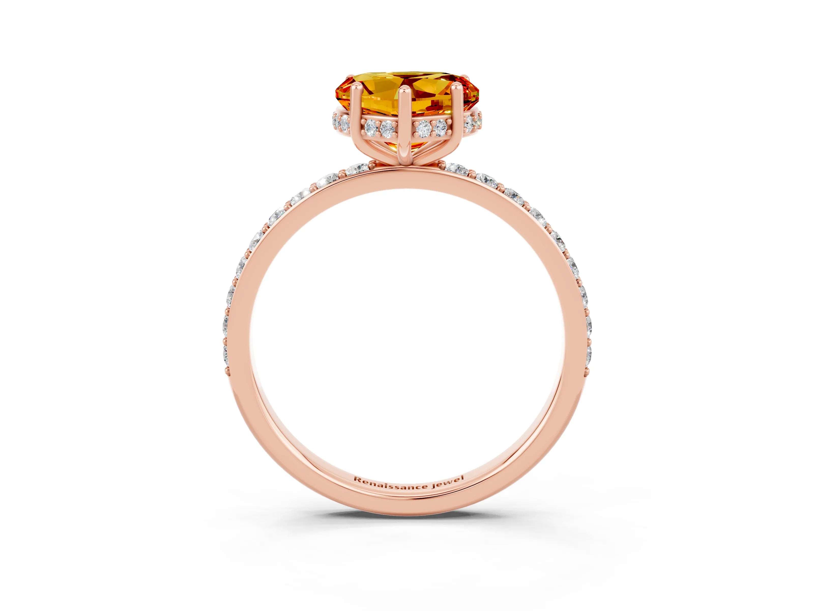 Rose gold Heart Cut Citrine Solitaire Ring with Pavé Band and Hidden Halo_15