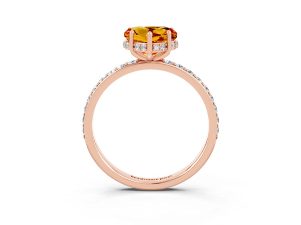 Rose gold Heart Cut Citrine Solitaire Ring with Pavé Band and Hidden Halo