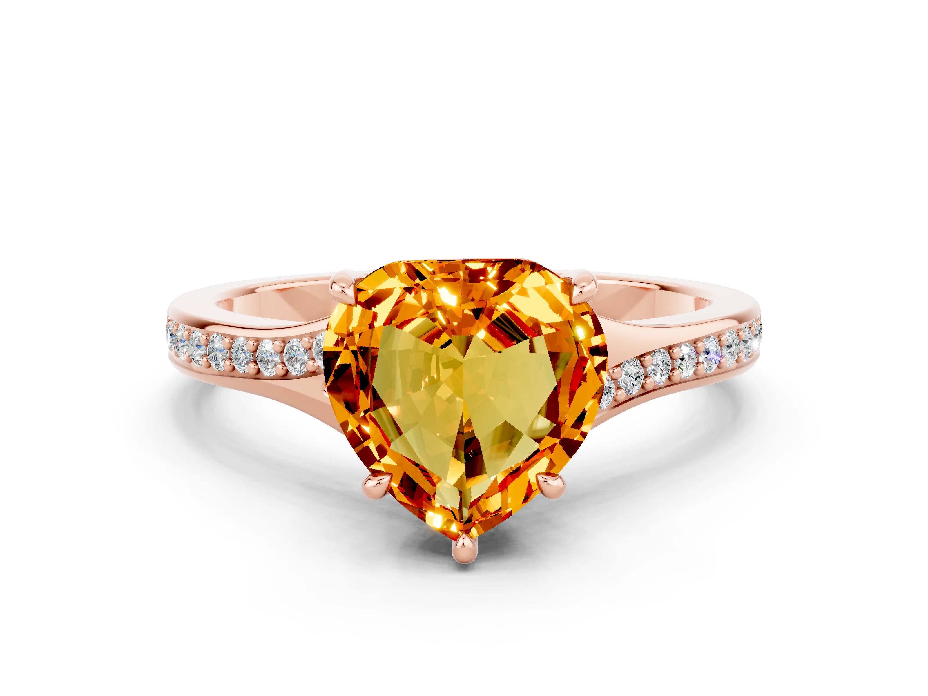 Rose gold Heart Cut Citrine Solitaire Ring with Pavé Band and Prong Setting