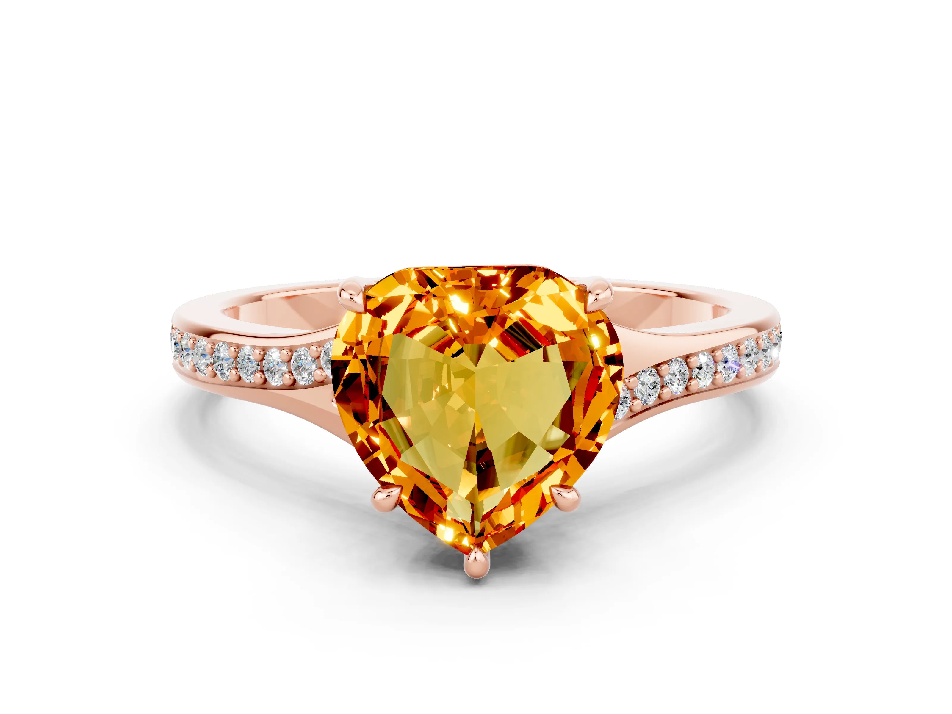 Rose gold Heart Cut Citrine Solitaire Ring with Pavé Band and Prong Setting_12